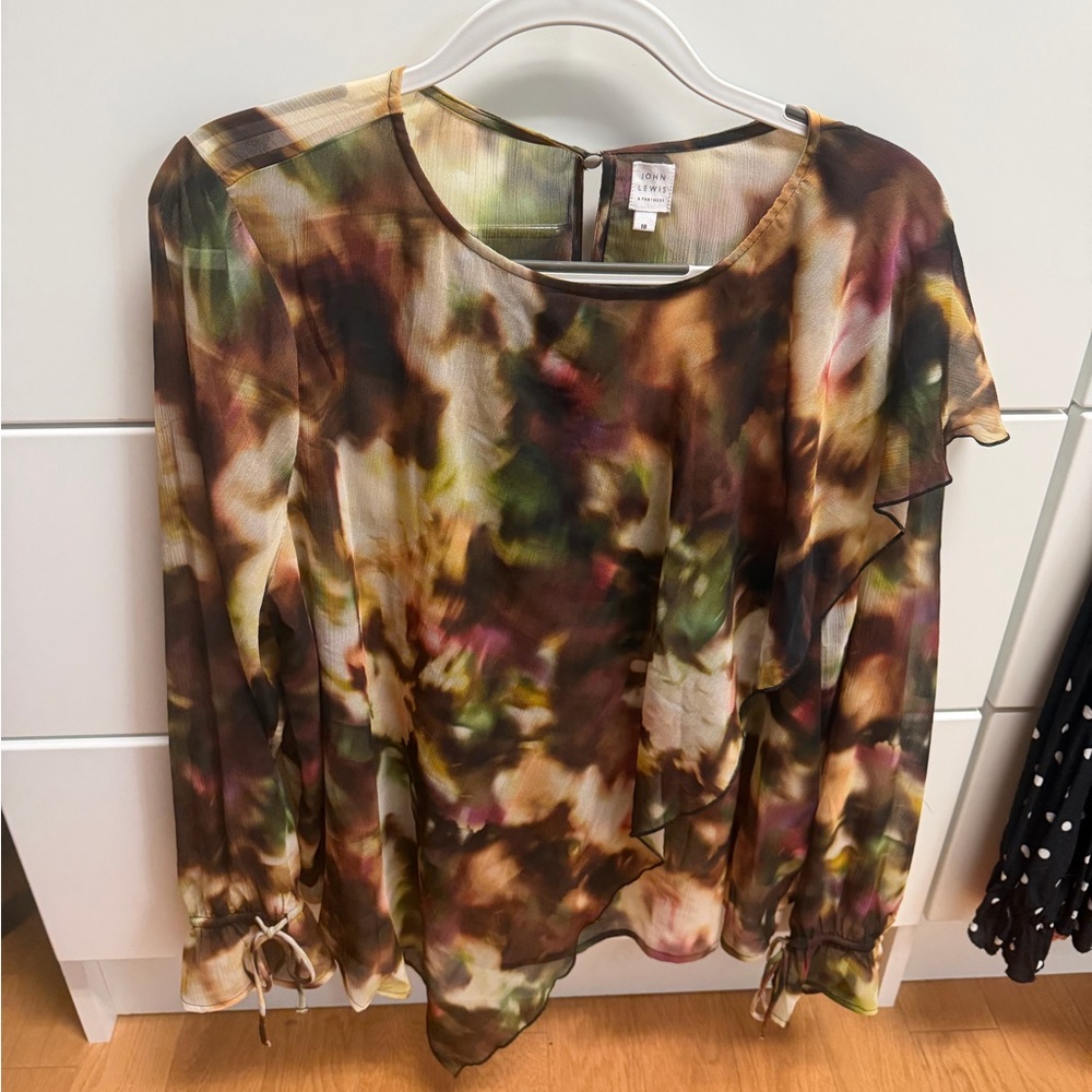 Flowy Watercolor-Print Long Sleeve Blouse - Olive Multi